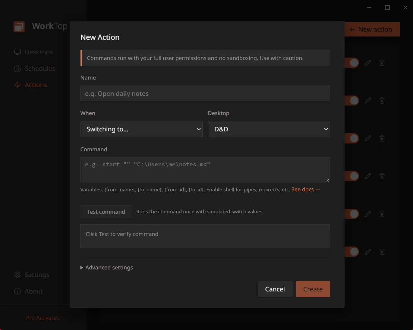 The WorkTop Action form with fields for name, event, target desktop, and command.