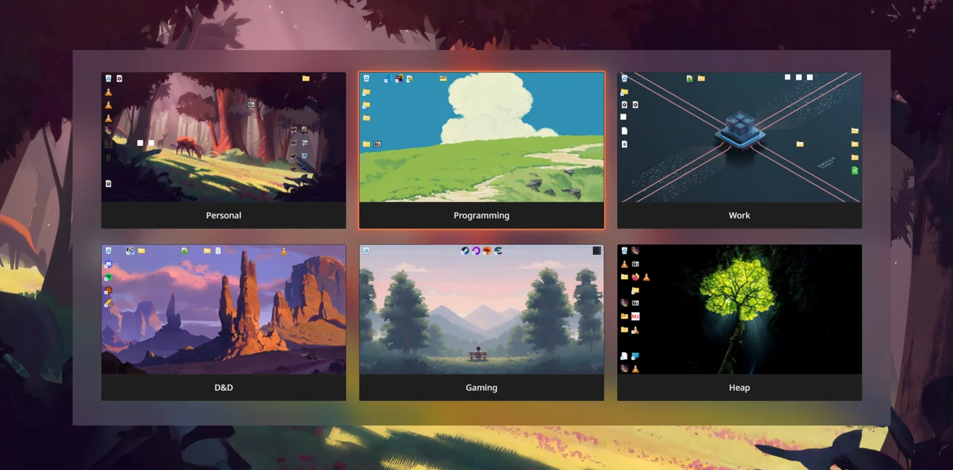 The WorkTop quick switcher showing six desktops, each with its own wallpaper and files.