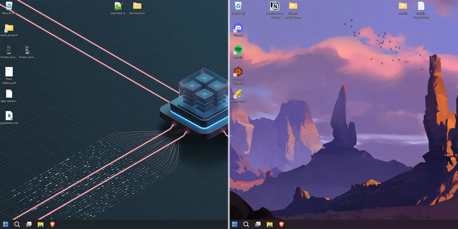 Several WorkTop desktops, each with a different set of files and wallpaper.