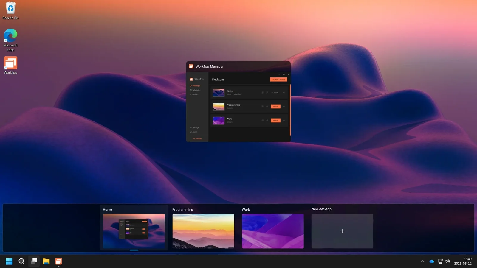 Windows virtual desktops, each showing its own set of desktop icons.