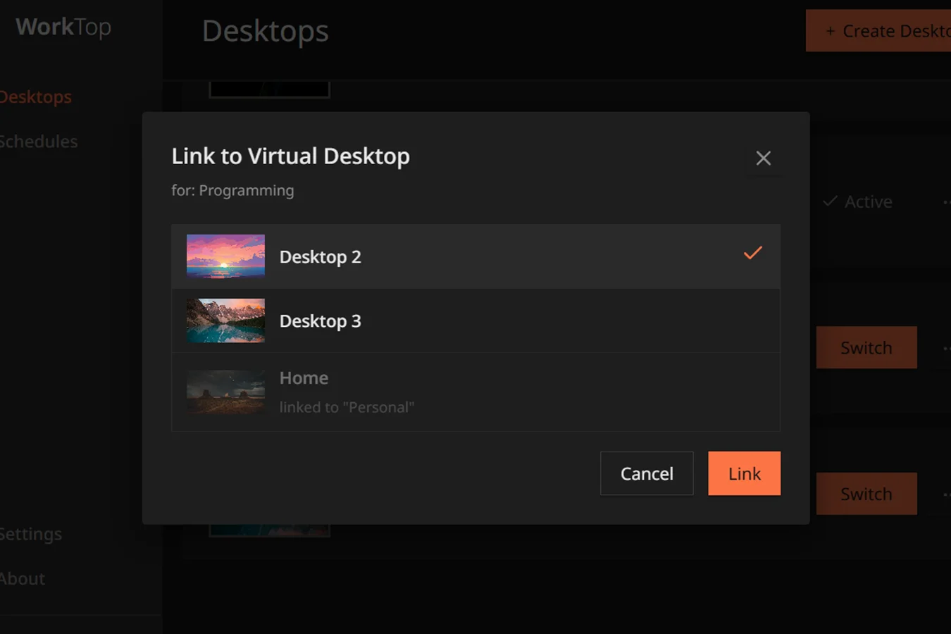 The link dialog in WorkTop listing the available Windows virtual desktops.