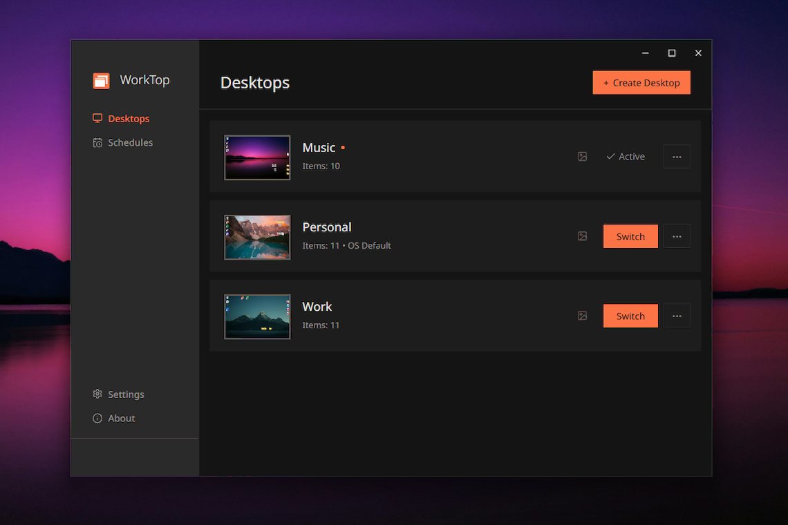 WorkTop Manager window showing desktop cards with thumbnails, switch buttons, and menu options